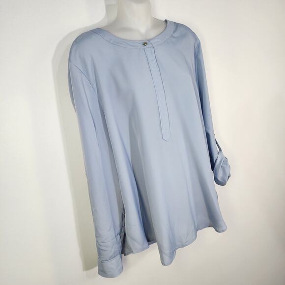 Ann Taylor Blouse Womans Size XL Blue Long Roll Tab Sleeve Popover Hidden Button - Picture 4 of 10